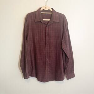 Perry Ellis Mens Cotton Plaid Classic Fit Collared Button Down Shirt Brown XL